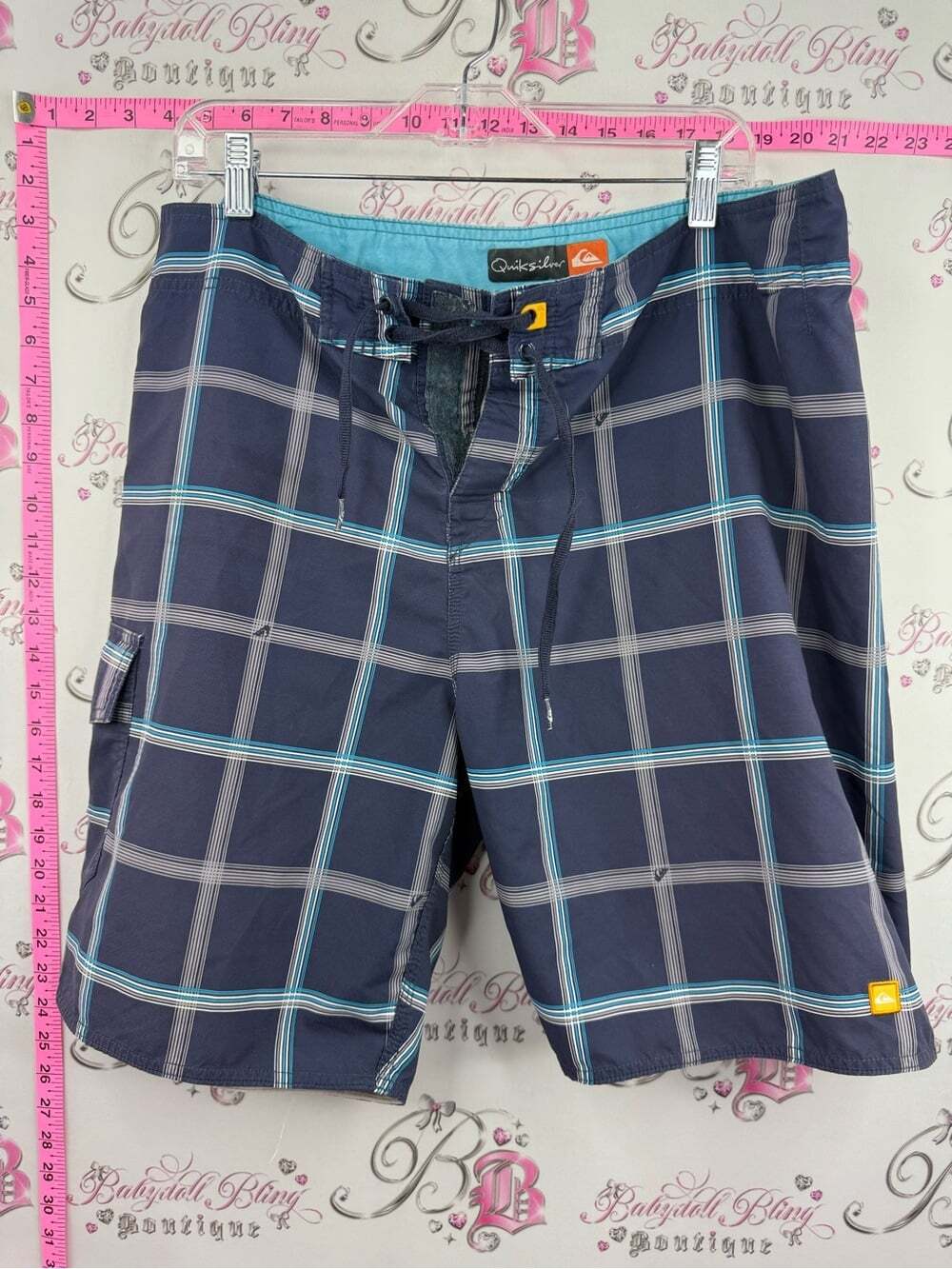 Quiksilver shorts board Men’s Navy Plaid Swim Trunks Teal Accents